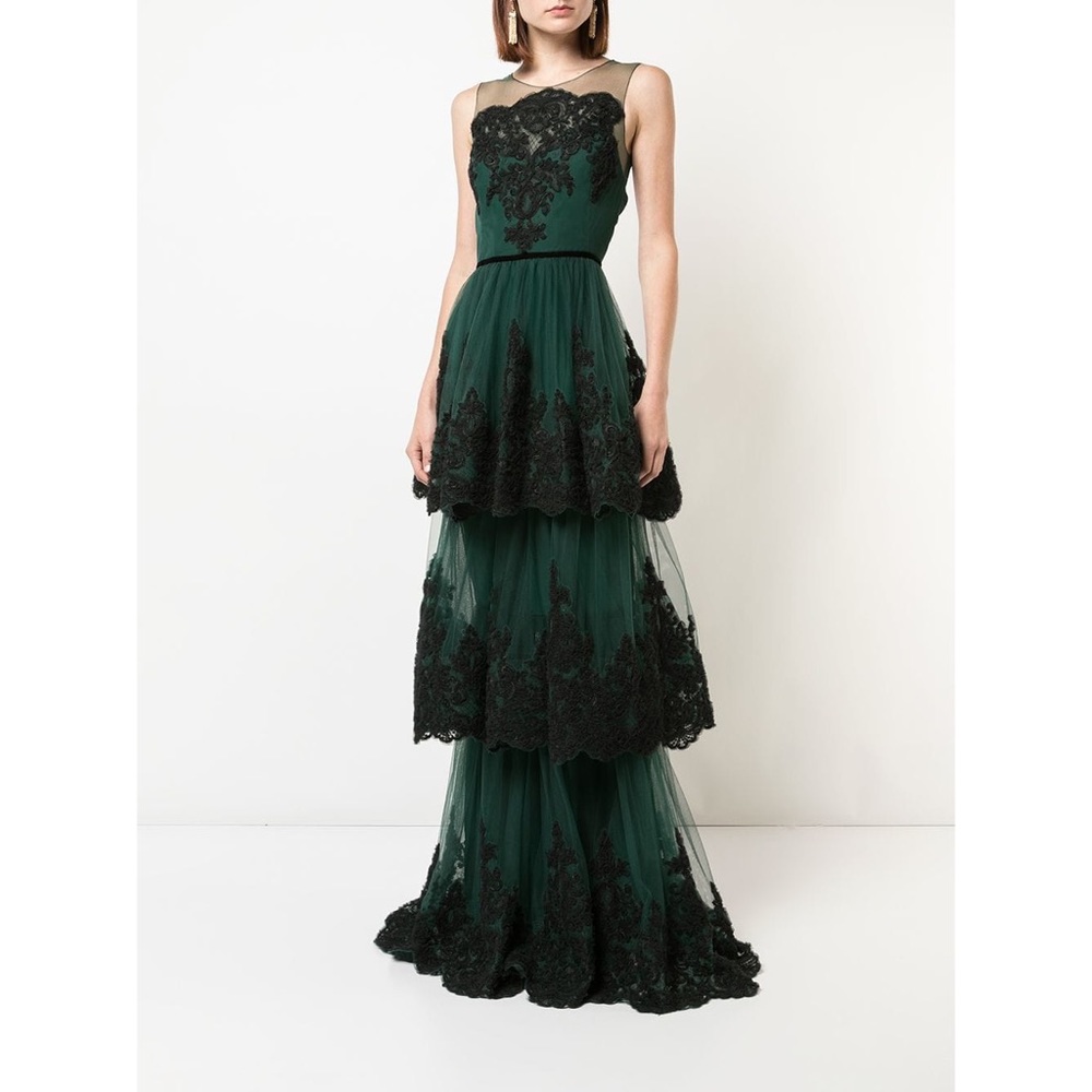 Ivory and Black Tiered Marchesa Notte Gown